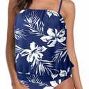 Two Piece Bandeau Tankini Swimsuits for Women Loose Blouson Swim Top with Bikini Bottom Tummy Control Bathing Suits (Blue, L)