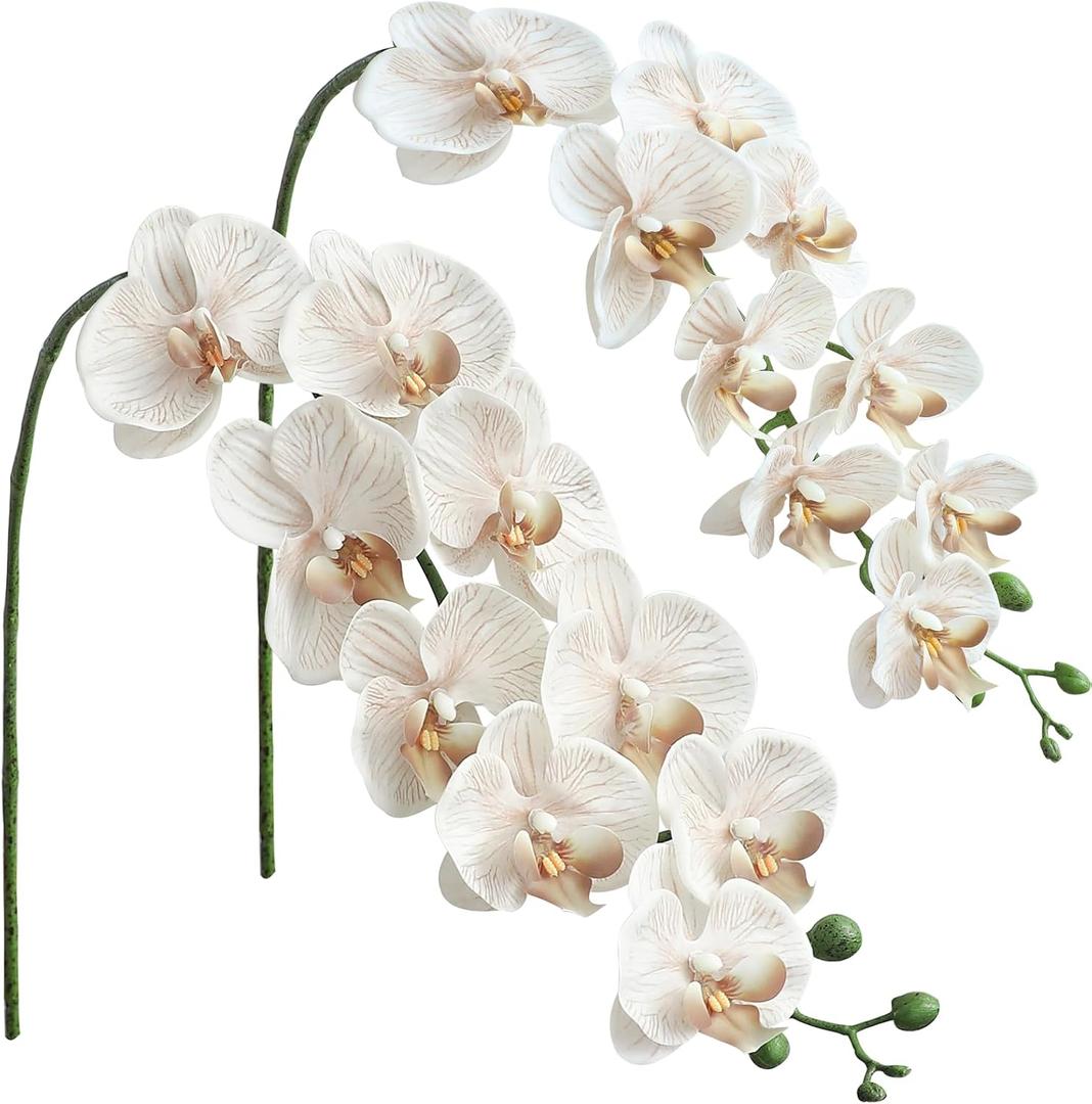 Floroom 2pcs Faux Phalaenopsis Orchid Fake Artificial Flower with Stems, Real Touch Large Blooms 40 Inch for DIY Bouquets, Wedding Centerpieces & Home Decor, Warm Beige