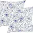 PurpleEssences Floral Pillow Covers Flower Blue Cream Decorative Throw Pillow Covers Set of 2 Chinoiserie 100% Cotton - Spring Summer Easter - 18 x 18 Inch - Blue/Cream