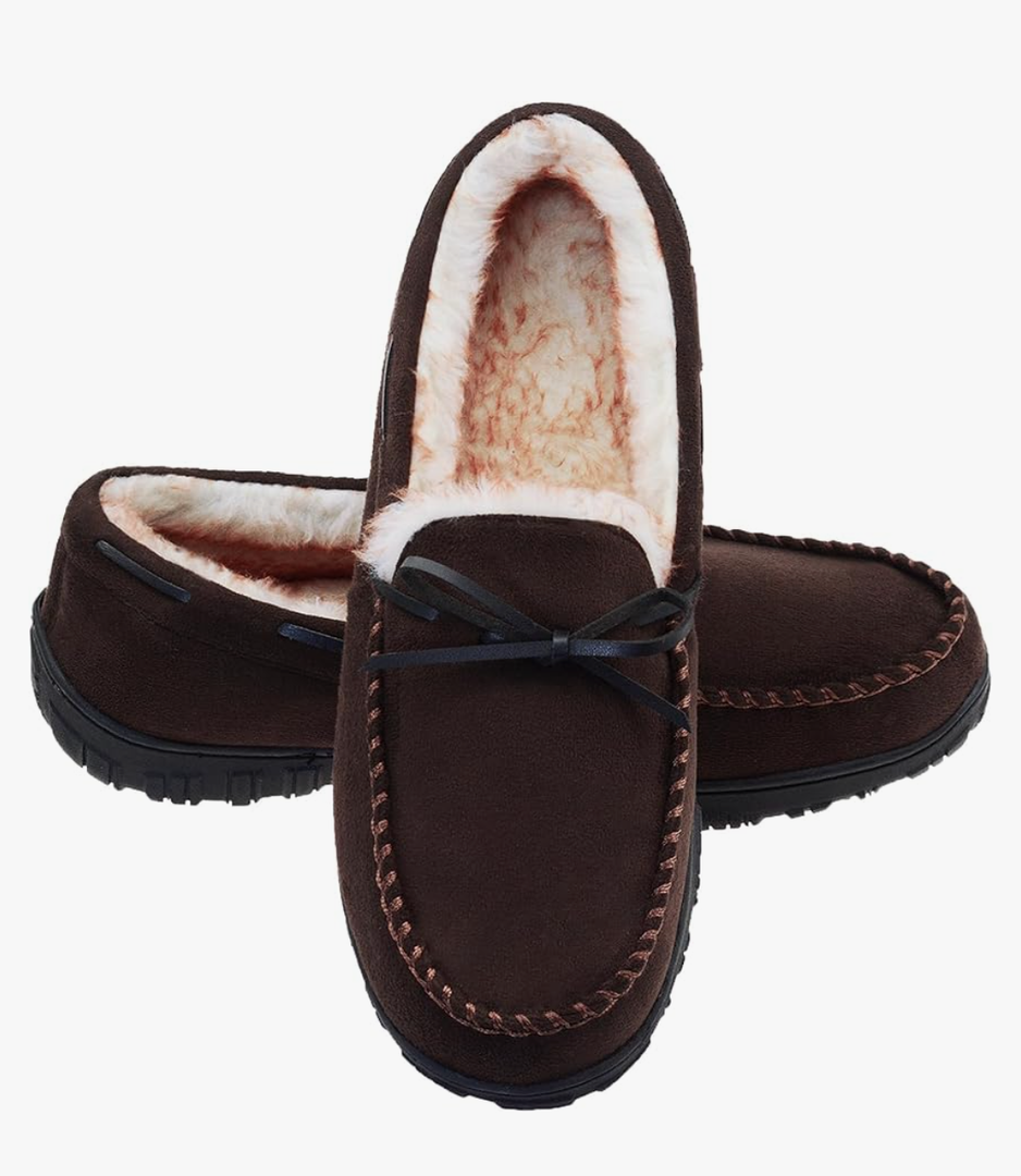 LA PLAGE Men's Moccasin Slippers Memory Foam Warm Plush House Slippers, Indoor Outdoor Comfortable Winter House Shoes 14