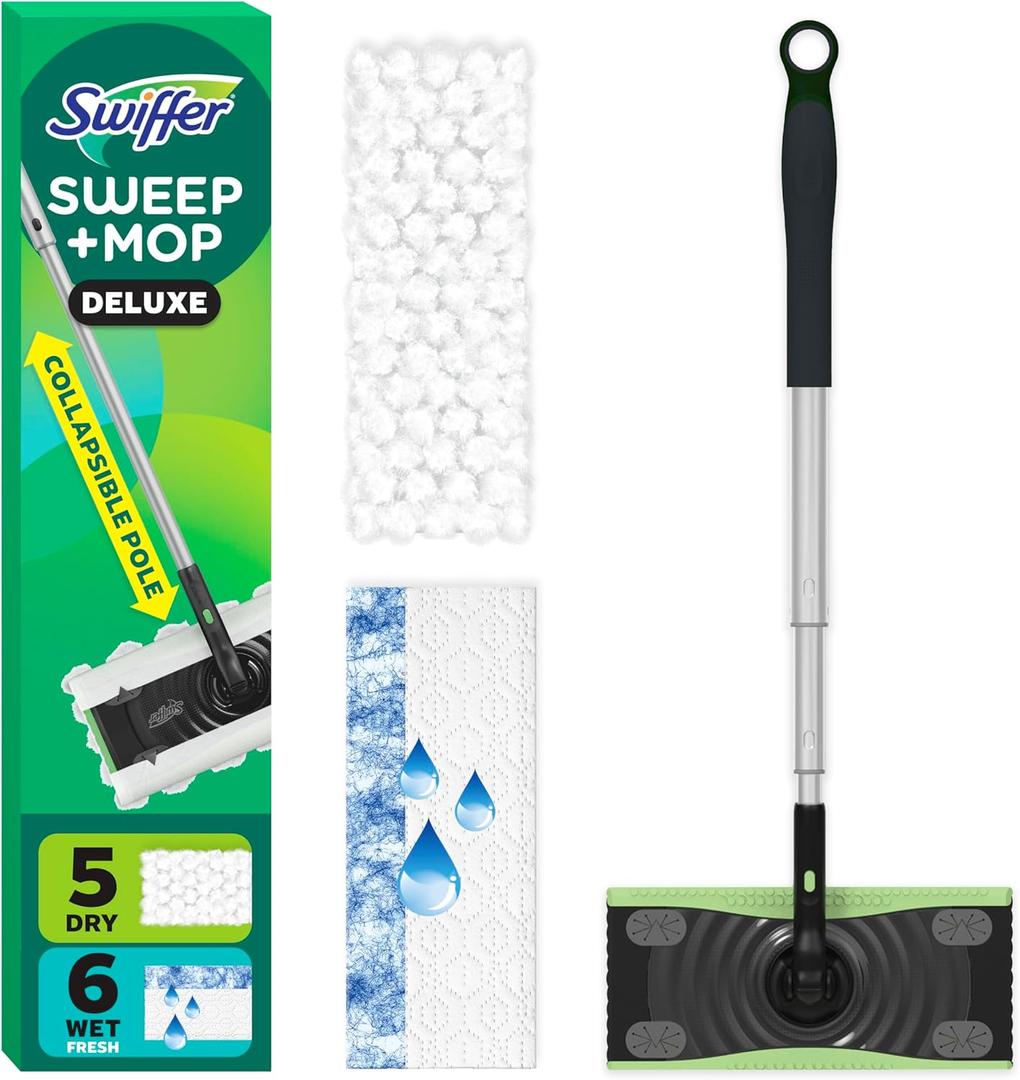 Swiffer Sweep & Mop Deluxe 2-in-1 Floor Mopping and Sweeping Kit, Multi-Surface Kit for Floor Cleaning, Kit Includes 1 Sweeper Device, 5 Heavy Duty Dry Sweeping Cloths, 6 Heavy Duty Wet Mopping Cloths