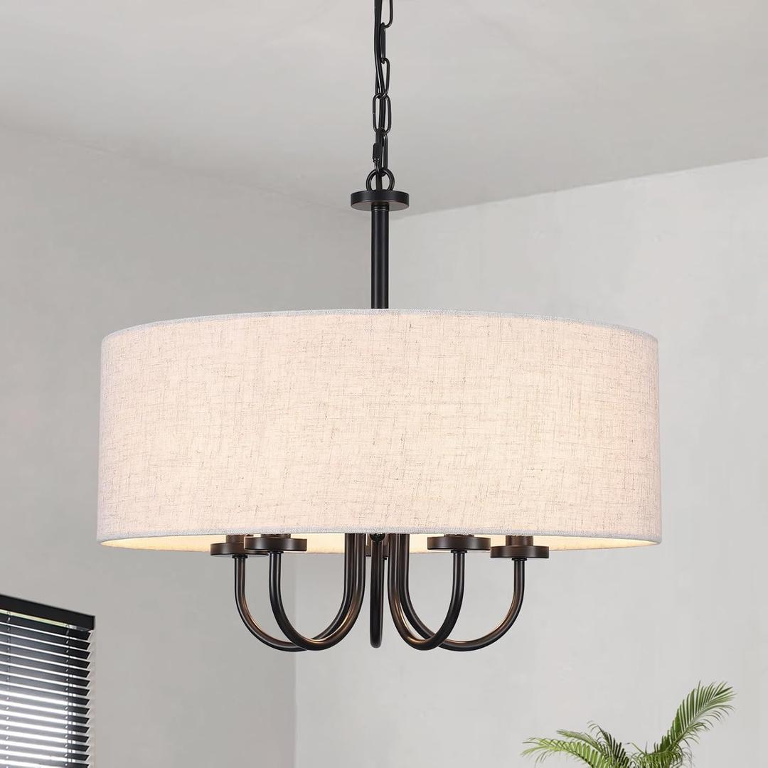 5 Lights Drum Chandelier for Dining Room 19" Modern Farmhouse Black Chandeliers with Shades Round Pendant Light Fixtures Linen Hanging Chandeliers for Bedroom Living Room Kitchen Over Table Foyer
