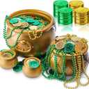 116 Pcs St. Patrick's Gold Cauldron Kettle with Beaded Necklace Coins Set 1 Pcs Large 1 Medium 2 Lucky Small Plastic Leprechaun Pot for St. Patrick's 12 Beaded Necklace 100 Shamrock Coins
