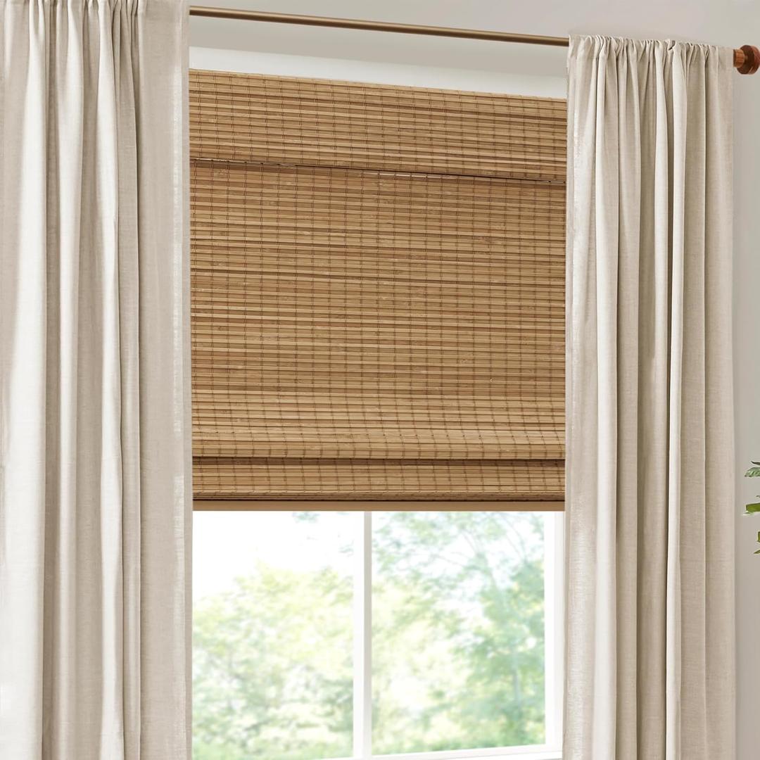 Madison Park 100% Bamboo Cordless Roman Shades Blinds, 31x64 Neutral | Natural Woven Wooden Privacy Panel, Light Filtering Window Treatment for Bedroom, Living Room Decor, Inside/Outside Mount