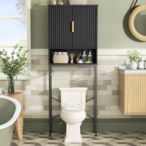 Over The Toilet Storage Cabinet with Fluted Doors and Adjustable Shelf, Tall Bathroom Organizer with Metal Stand Space Saver Over Toilet , Wood Rack for Bathroom, Restroom, Laundry, Natural Black, 68.9''H