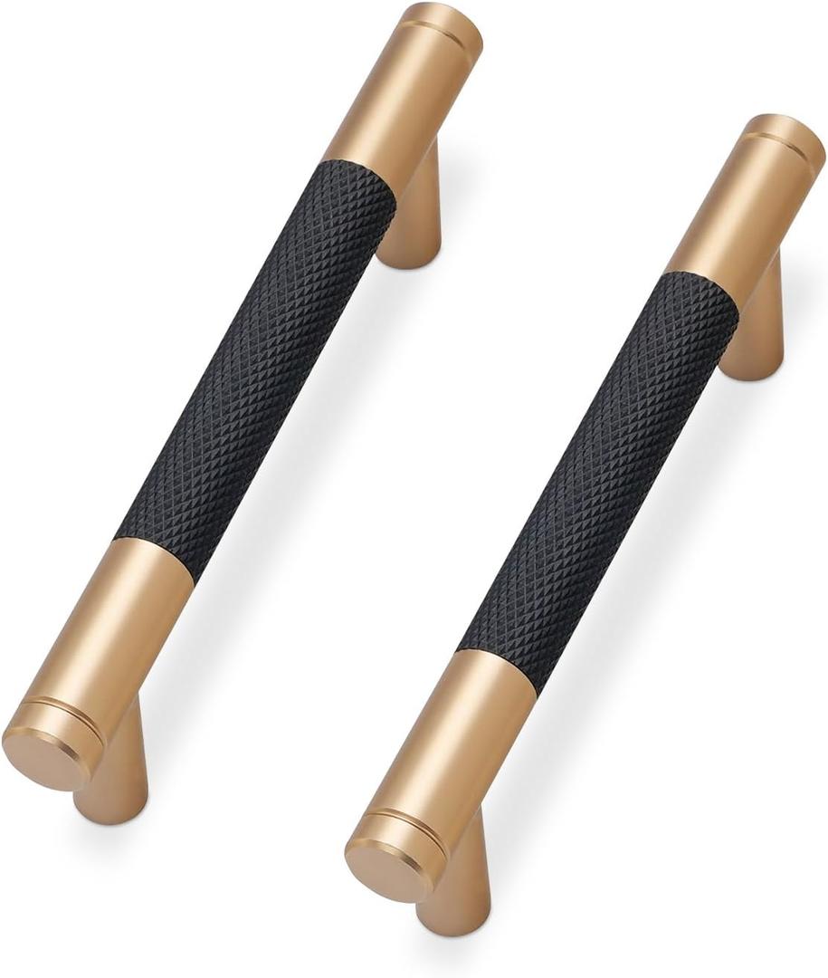 10 Pack Matte Black and Champagne Bronze Cabinet Pulls knurled 3-3/4 Inch Hole Centers Kitchen Cabinet Handles Drawer Pulls Cabinet Hardware