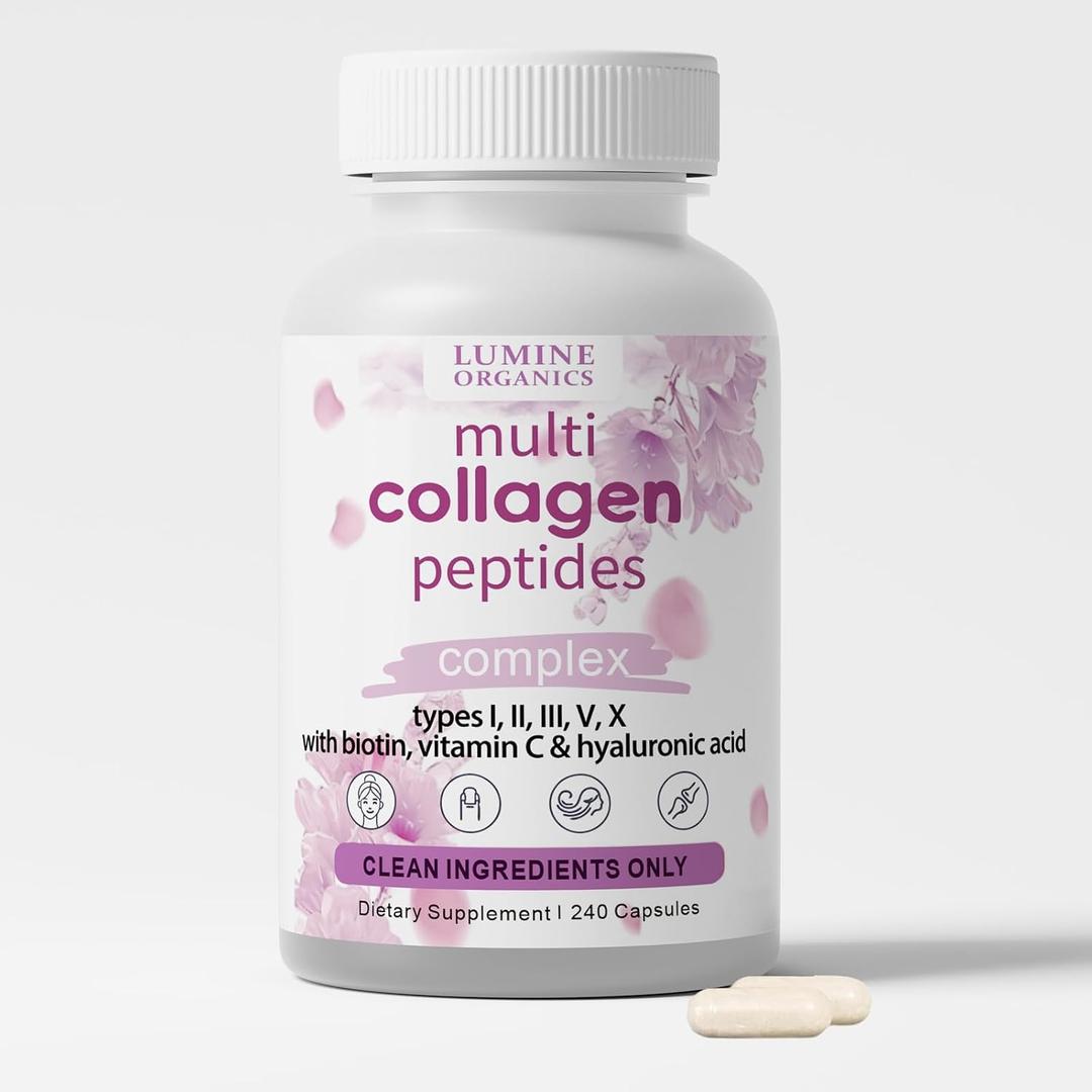 1PCSLumine Organics Collagen, Hydrolyzed Collagen Peptides Capsules,Type I,II,III,V,X with Biotin,Hyaluronic Acid Powder,Vitamin C,Non-GMO,240 Capsules (1PCS), EXP: 06/04/2028