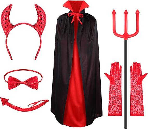 Halloween Devil Costume Set Devil, Devil Fork and Black Red Reversible Cape for Men Women Teen Halloween Costume Accessories XL