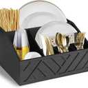 Paper Plate Dispenser, Paper Plate Holder for Kitchen Counter, Wood Rustic Silverware Utensil Caddy, Cutlery Flatware Organizer Box for Cups Spoons Forks Plates Napkins, Kitchen Accessories (Black)