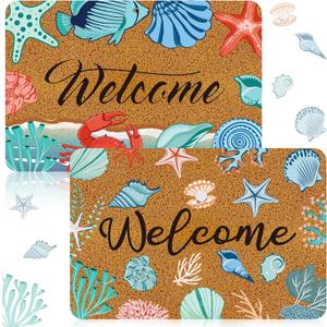 Moucuny 2 Pcs Coastal Beach Coir Door Mat Holiday Coastal Doormat 15.75 x 23.62 Inches Non Slip Entrance Coir Rugs for Farmhouse Home Kitchen Front Outdoor Indoor Summer Welcome Beach Rugs (Starfish, Cute Color)