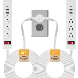 Twin Extension Cord - 12 FT Split Extension Cord, 6 Outlets and 6 USB Ports - Double Power Strip, 3 Prong and Flat Plug, for Behind Bed, Couch, Nightstands, Vanity, Furniture