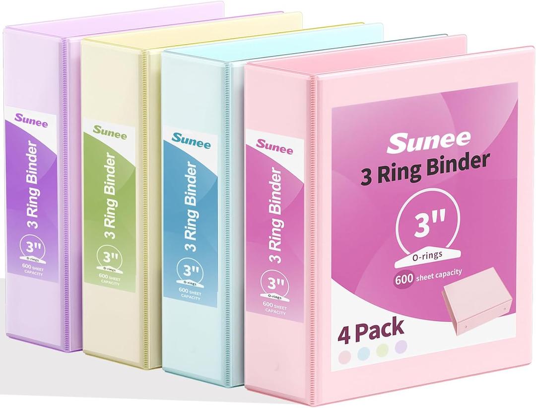 SUNEE 3 Ring Binder 3 Inch 4 Pack, 3" Large Clear View Binders Three Ring PVC-Free (Fit 8.5x11 Inches) for School or Office Supplies, Assorted Pastel