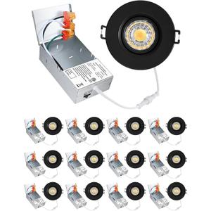 POPANU Premium 3-Inch Gimbal LED Recessed Light Canless Downlight Rotatable Spotlight with Junction Box, Eyeball Ceilling Potlight, Dimmable, 8W 5CCT Adjustable, Black Round Trim, 12 Pack