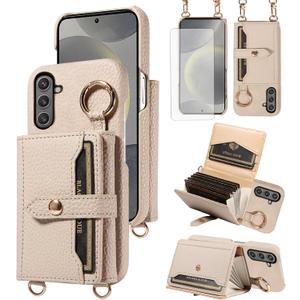 Wallet Case for Samsung Galaxy S25 Plus S25+ 5G with Tempered Glass Screen Shoulder Strap Ring Buckle Flip Organ Purse, Card Holder Stand Phone Cover for S25Plus 25S + S 25 25+ SM-S936U White