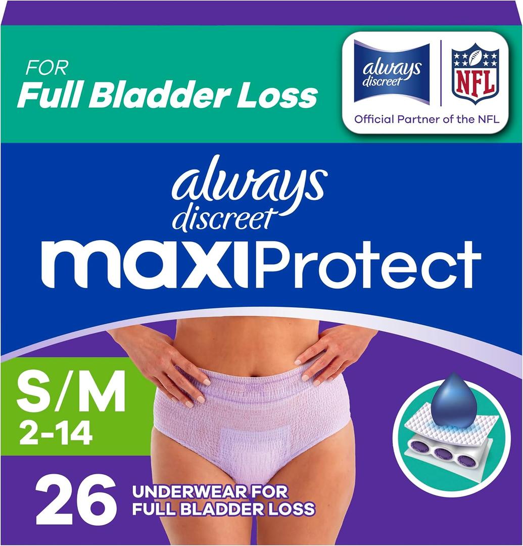 Always Discreet MaxiProtect Adult Diapers for Women, Incontinence Underwear, Scented, Postpartum Essentials, Bladder Leak Protection, Disposable Briefs, Maximum Plus Absorbency, Size S/M, 26 Count