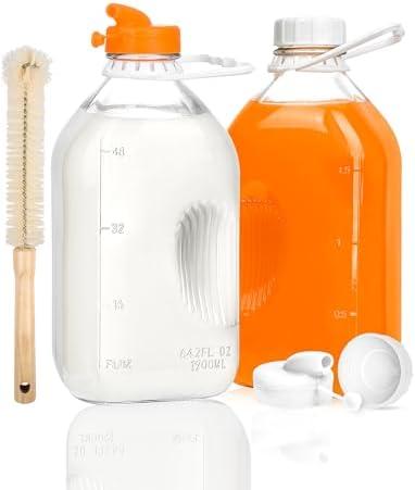 KMIGRUAN 2QT Heavy Duty Glass Milk Bottle with Lid,2Pack 64oz Glass Milk Jug with Reusable Airtight Screw Lid,Bottles for Juice,Water,Oat or Plant Milks