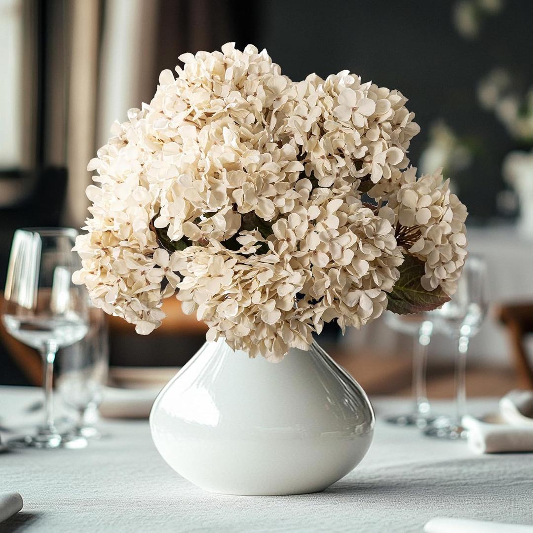 Artificial Flower Fake Silk Hydrangea Heads Bouquet with Stems Bulk for Fall Decoration Table Center Christmas Indoor Outdoor Faux Floral Realistic with Leaves Plants Crafts 8PCS (White)