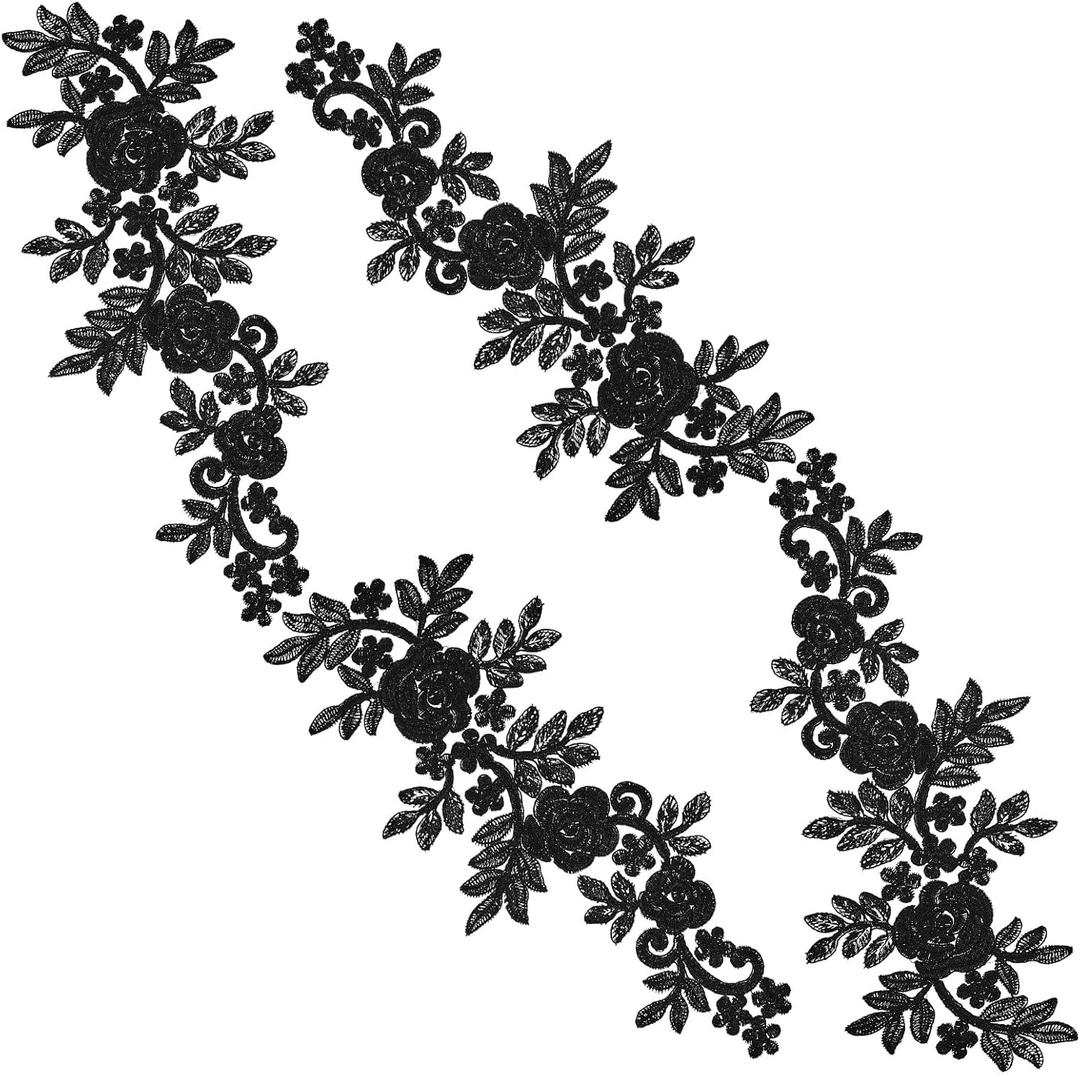GORGECRAFT 2PCS Neckline Applique Collar Trims Patch Embroidered Floral Water Soluble Lace for Wedding Dress Gown Costumes Sewing Clothing Accessories (Black) (Black D)