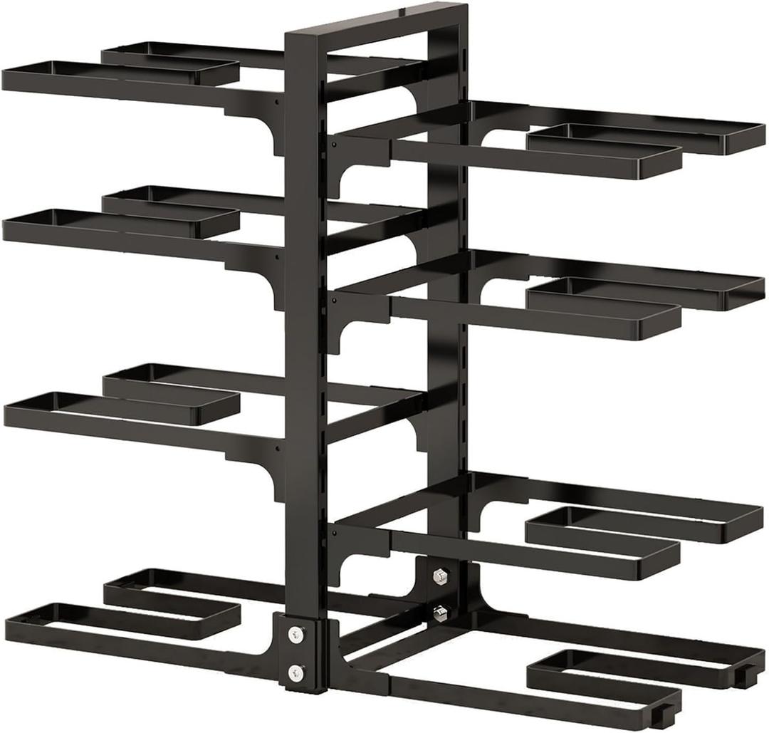 Under Sink Storage Shelf 8-Tier Adjustable Pot and Pan Organizer Rack for Cabinet, Heavy Duty Snap-on Cast Iron Pot Storage Rack for Kitchen, Floor Standing Pan Holder (Black)