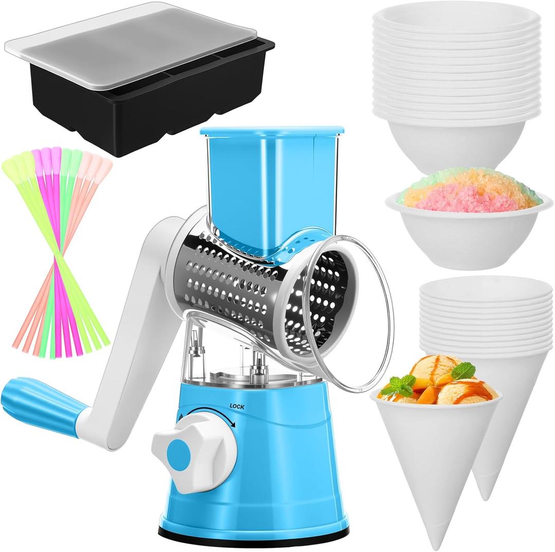 142 Pcs Manual Shaved Ice Maker Machine Set Include 20 Cone Cups, 20 Bowls, 100 Slushy Straws and 1 Ice Tray, Portable Snow Cone Machine for Birthday Gift Party(Blue)