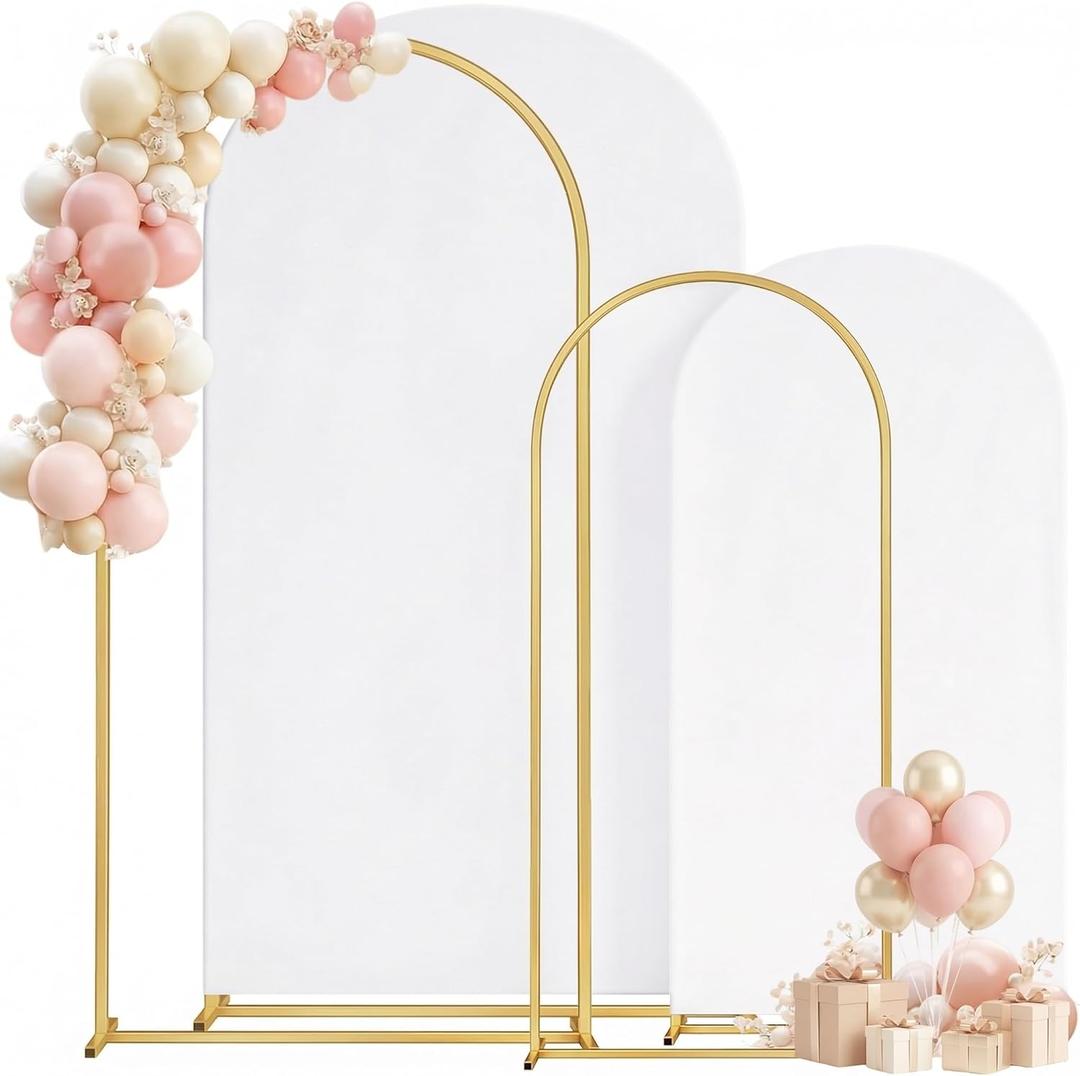 Metal Arch Backdrop Stand and Cover Set of 2, Sturdy 7.2FT, 6FT Party Backdrop Set, Wedding Arch Frame and Cover Set for Birthday, Baby Shower,Christmas, Anniversary (White)