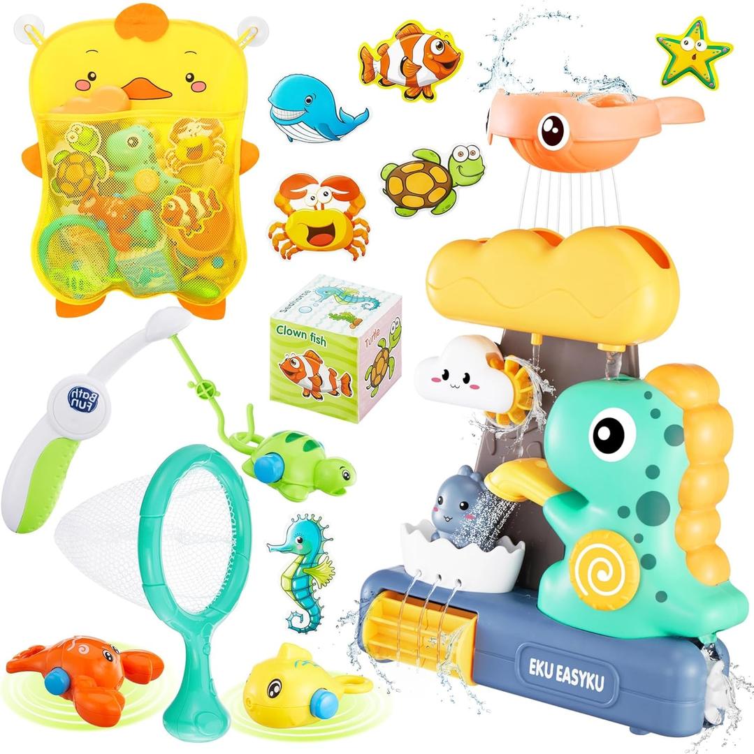 EKU Dinosaur Bath Toys for Kids Toddlers Age 18months+ Interactive Floating Sea Animal Dice Mold Free Fishing Game Water Play Bath Time Bathtub Storage Bag Girl Boy Baby Infant