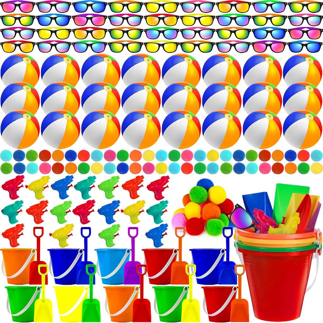 120 Pcs Kids Summer Beach Party Favors Sets- Includes 24 Inflatable Beach Balls Bulk, 18 Sand Bucket and 18 Shovels Set, 24 Neon Sunglasses Bulk, 18 Water Guns,18 Water Balls, Pool Party Gift Supplies