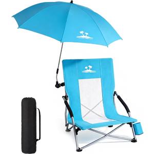 Folding Beach Chair for Adults with UPF 50+ Umbrella, Lightweight Low Beach Chair with Mesh Back,300lbs Capacity Portable Camping Chair with Carry Bag for Outdoor Lawn Camping Concerts (Blue)