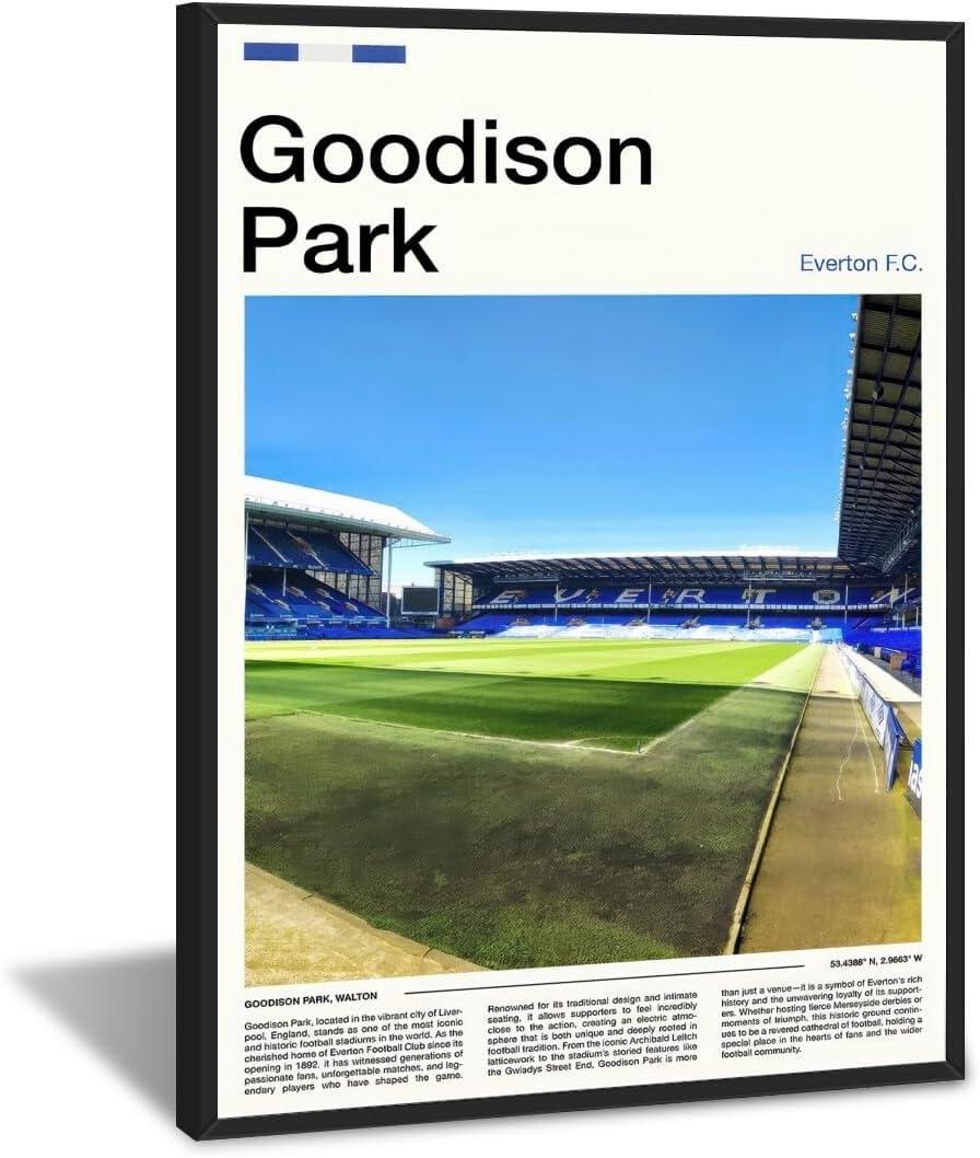 Stadium Wall Art Goodison Park Poster HighQuality Canvas Print Everton FC Urban Landmark for Living Room，Bedroom，Office Boy Game Room Wall Decor 8x12inch black framed