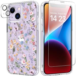 bicol for iPhone 14 Plus Case with Screen and Camera Lens Protector - Fashionable Flower Floral Designs for Women Girls - Shockproof Acrylic Clear Phone Cover 6.7"- Blooming Wildflower