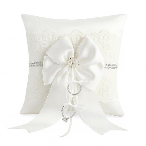 iKeep Wedding Ring Bearer Pillow: 8.2 x 8.2 Inch Ivory Satin Ring Cushion with Lace & Pearl Bow – Ceremony Ring Holder for Flower Boy or Girl