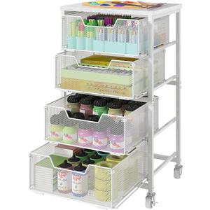 White Metal Rolling Utility Cart with 4 Drawers, Art Supply Storage Organizer, Craft Cart, Art Cart, Rolling Storage Cart Organizer for Classroom,Office,Make-up,Kitchen,Bedroom