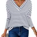 LilyCoco Womens V Neck T Shirts Breton Loose Fit Striped Long Sleeve Shirt Tshirt Blue Small