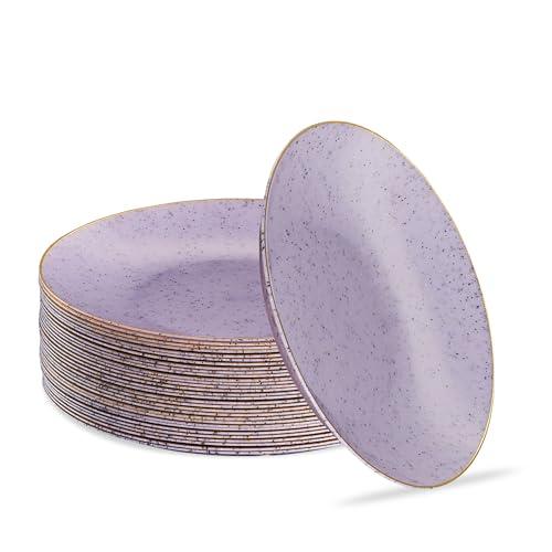 PLASTICPRO 30 Pack Disposable Plastic Plates Heavyweight Granite Look Elegant 7 inch Dinner Plates Purple with Gold Rim