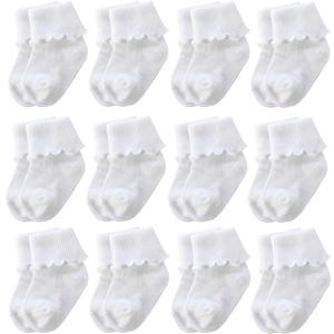 12 Pairs Infant Newborn Baby Girls White Socks Cotton Turn Cuff Ruffle Socks (9-24 Months, 12 Pair- White)