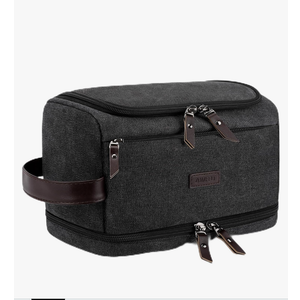 ZOMFELT Toiletry Bag for Men, Dual Layers Canvas Travel Toiletries Bag, Water-Resistant Travel Organizer with Elastic, Large Capacity Dopp Kit, Hanging Shaving Hygiene Bag, Dark Grey