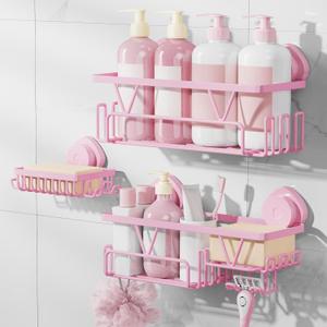 KEGII Suction Cup Shower Caddy 3 Pack Suction Cup Shelf with Soap Holder & Hooks, Rustproof Stainless Steel Shower Organizer Rack, Removable No Drilling Bathroom Storage Rack, Pink