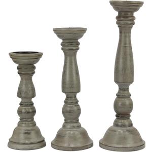Solid Wood Candle Pillar Holder - Set of 3 Handcarved Candlestick Holder Stand - Boho Rustic Holiday Table Centerpiece Farmhouse Mantle - 17" 14" 11" H - Antique Charcoal Grey Distressed -COTTON CRAFT