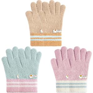 MIG4U Kids Winter Gloves 3 Pairs Warm Fuzzy Gloves, Soft Thermal Mittens for Cold Weather, Unisex Thick Cozy Gloves (Large,Retro Stripe)