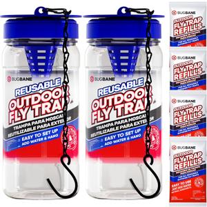 2 Fly Traps Outdoor Fly Trap for Patio with 4 Non-Toxic Dissolvable Bait Refills. Reusable Hanging Bug Catcher Killer for All Filth Flies for Outside Bug Control Yard Ranch. Hanging Chains Included.