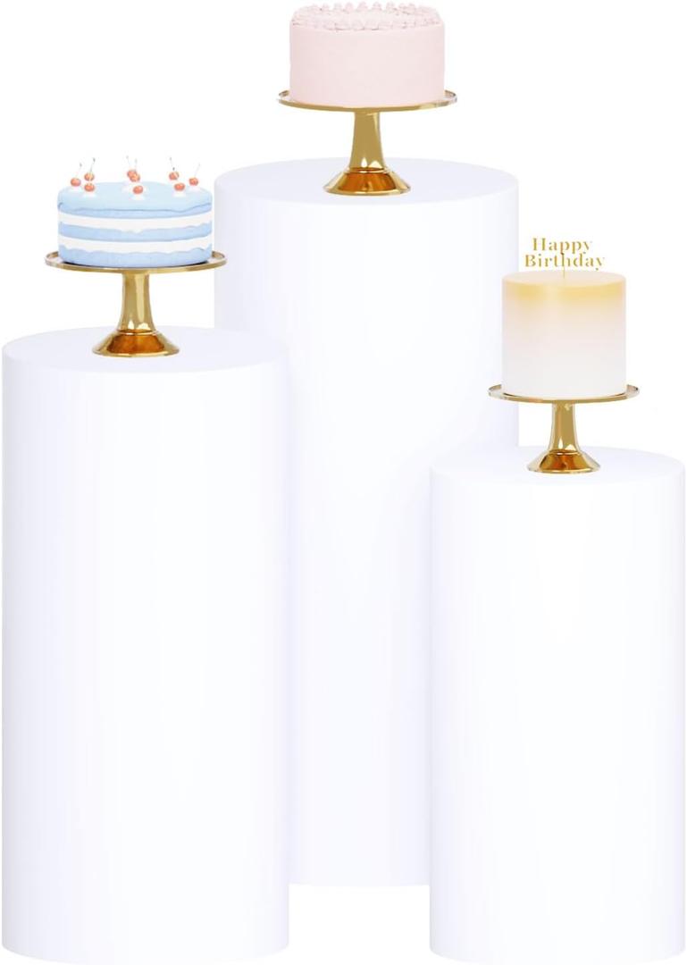 Cylinder Stand Covers Set of 3 - White Spandex Cylinder Pedestal Covers for Parties and Cake