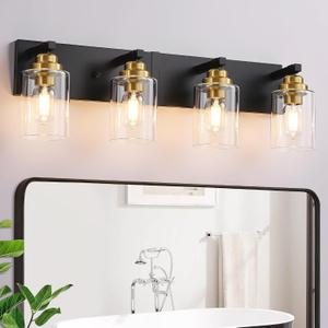 Black and Gold Bathroom Light Fixture, 4 Light Brushed Gold Vanity Light, 27.5" Modern Farmhouse Bathroom Lighting Fixtures Over Mirror, with Clear Glass Shade, Vanity Lights for Bedroom Hallway