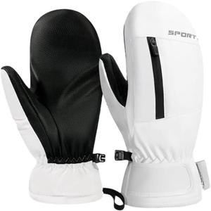 Waterproof Ski Mittens Ski Glove for Women Men Youth Winter Cold Weather Snow Gloves with Hands Warmer Zipper Pocket (White)