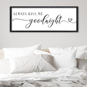 Surfapans Master Bedroom Above Bed Wall Decor 24"×10" Always Kiss Me Goodnight Sign Rustic Farmhouse Couples Over Bed Romantic Love Quotes Modern Large Wood Frame Horizontal Wall Hanging Art (Black