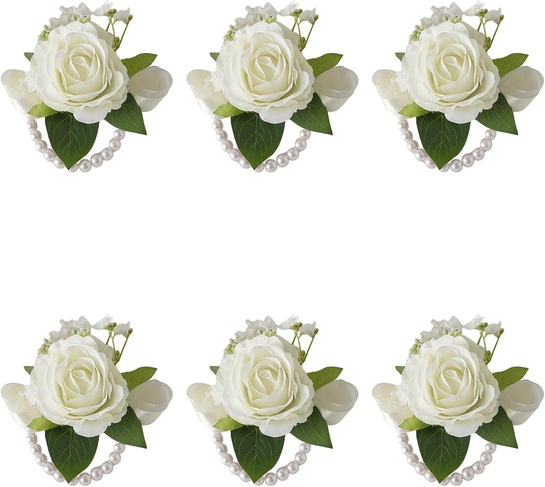 Meldel 6 Pcs Ivory White Rose Wrist Corsage for Wedding, Bride Bridesmaids Corsages, Pearls Bracelet Wrist Flower for Prom Homecoming Party, Wrist Corsage for Mother of Bride and Groom Wedding Decor