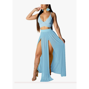 Aro Lora Women's Sexy V Neck Floral Printed Side Slit Two-Piece Maxi Dress Blue XS