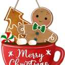 Merry Christmas Gingerbread Man Coffee Front Door Sign, Xmas Tree Peppermint Candy Wood Hanger Outdoor Outside Porch Home Decor, Winter Holiday Wooden Wreath Indoor Wall Hanging Decoration