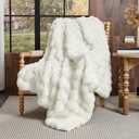 Lotus Karen Faux Fur Throw Blanket Cream White - Big Bubble Rabbit Fluff Blanket for Couch, Small Fluffy Fuzzy Cozy Blanket, Thick Furry Plush Shaggy Blankets, 50x60 Inches
