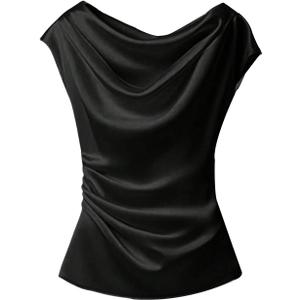 SOLY HUX Women's Satin Blouse Ruched Cowl Neck Elegant Shirt Summer Tops Work Office Outfits, S, Black