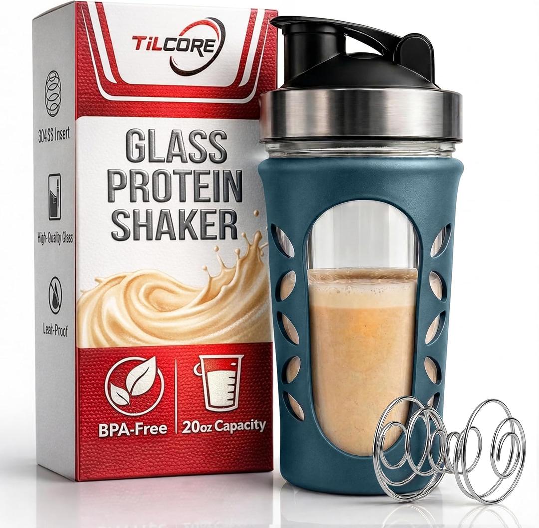 Glass Protein Shaker Bottle for Protein Mixes and Shakes - 635ml 20oz, BPA-Free, Leak-Proof & Durable Glass Shaker Blender - Mixer Bottle for Gym (Blue)
